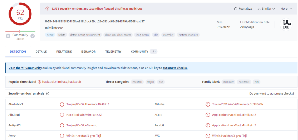 Figura 16. Virustotal – Analisi hash - Email Forensics