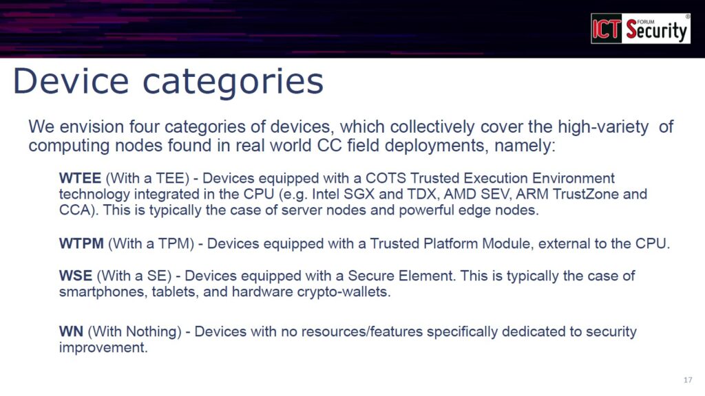 computing continuum "Trusted Computing": In questo approccio, i vari dispositivi vengono classificati in base al livello di supporto hardware “nativo” per l’implementazione di funzioni di sicurezza: ad esempio valutando se includano un "Trusted Execution Environment" (TEE) o un "Trusted Platform Module" (TPM), o ancora se non presentino alcuna protezione specifica, per poi sviluppare le soluzioni di sicurezza più adeguate.